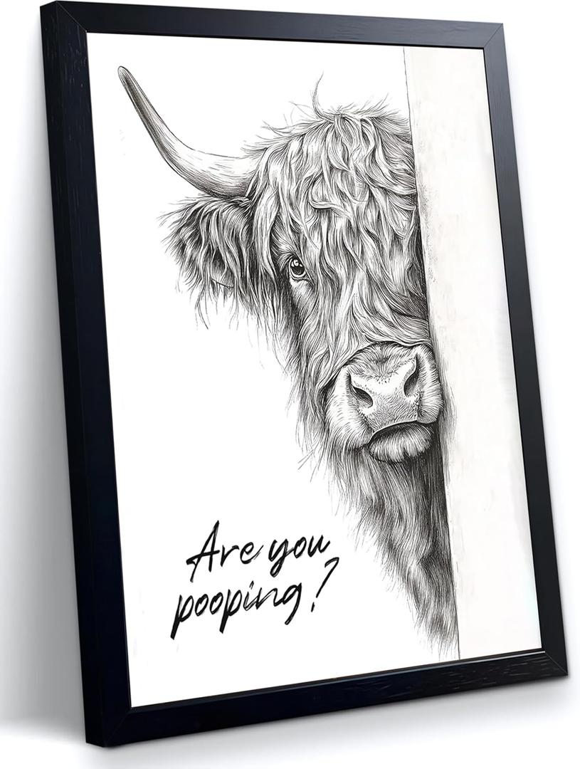 Funny Highland Cow Bathroom Wall Art,Black and White Rustic Farmhouse Wall Decor with Humorous Are You Pooping Canvas Print, Cute Animal Art for Restroom, Bathroom poster Black Wooden Frame 10x8 Inch