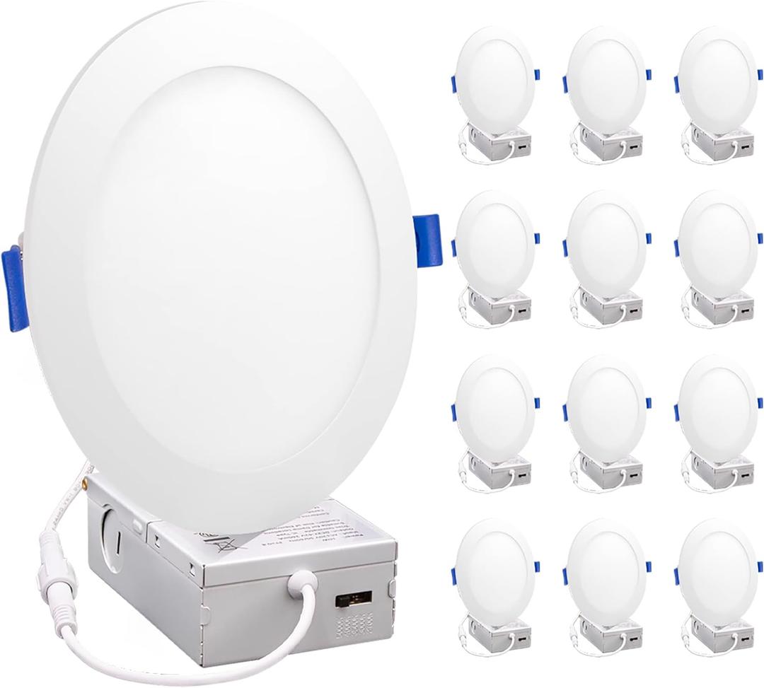 Maxxima 12 Pack 6 5 CCT Ultra-Thin Recessed LED Downlight, 1050 Lumens, Color Selectable 2700K-5000K (2700K/3000K/3500K/4000K/5000K), Dimmable, Canless, Slim, IC Rated, Junction Box Included