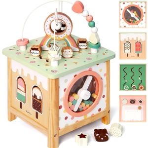 PairPear Wooden Activity Cube Montessori Toys Wooden Play Cube Activity Center Baby Busy Board Multifunctional Early Educational Development Toys Sensory Gifts for Toddlers Girls Boys 1 2 3 Year Old