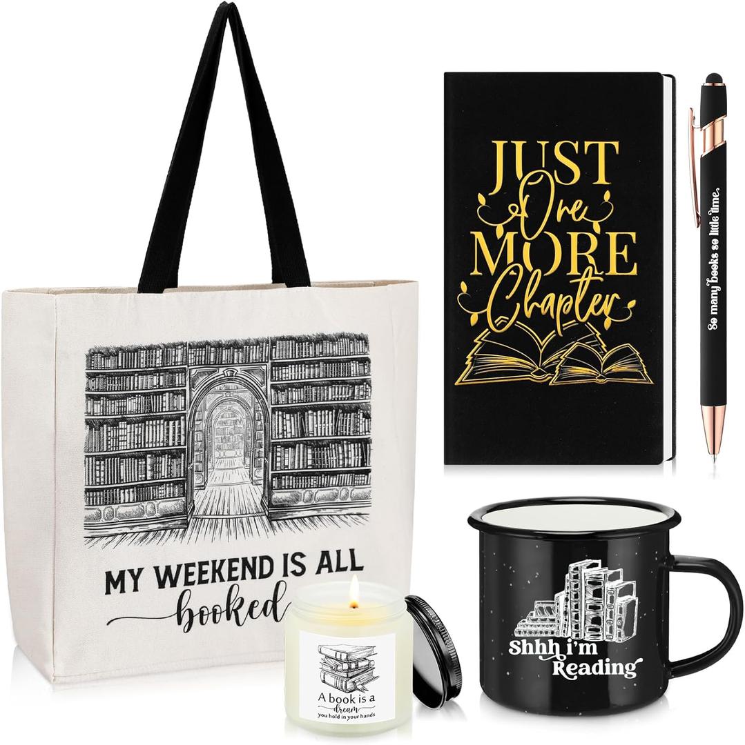 Jetec Set of 5 Book Lovers Gifts for Reader Include Canvas Tote Bag Journal Notebook with Ballpoint Pen Enamel Mug Scented Candle for Teens Librarian Bookish Author(Black)