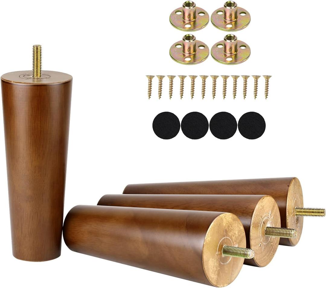 6 Inch Wood Furniture Legs Set of 4 Replacement Feet for Cabinet Couch Chair Sofa Legs Mid Century Predrilled M8 Bolt with Mounting Nuts and Screws