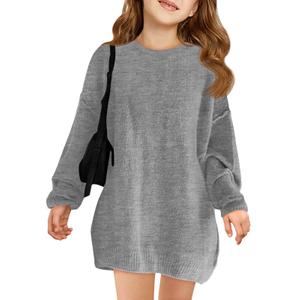 Haloumoning Girls Sweater Dress Casual Crewneck Knit Long Sleeve Fall Winter Dress Pullover 5-14Y Grey (Gray)