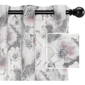 MYSKY HOME Curtains 84 Inch Length Floral Curtains for Living Room Flower Printed Light Filtering Privacy Protect Drapes Set Natural Linen Look Window Drapes Grommet 2 Panels,Pink and Grey