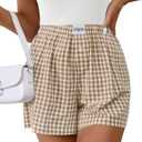 LOMON Womens Boxer Shorts Casual Summer Cotton Pajama Lounge Sleep Pj Gingham Plaid Shorts Y2K Beach Bottoms (Light Brown White Plaid S)