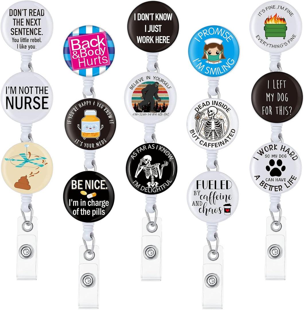 Gueevin 15 Pack Funny Badge Holder Retractable Reel Nurse Quote ID Clip Cute Nursing for Doctor Teacher Student Employee Office Medical Work Supplies