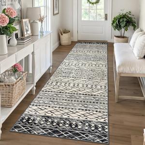 KUTA Moroccan Washable Runner Rug, 2.6x10 Non-Slip Vintage Black Navy Blue Boho Hallway Kitchen Rugs Ultra Soft Geometric Floor Carpet Runners for Bedroom Laundry Living Room