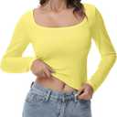 Women's Long Sleeve Crop top, Ribbed & Slim Fitted Cotton Shirts, Square Crewneck Tee Basics for Daily & Casual Wear (Large, Xyellow)