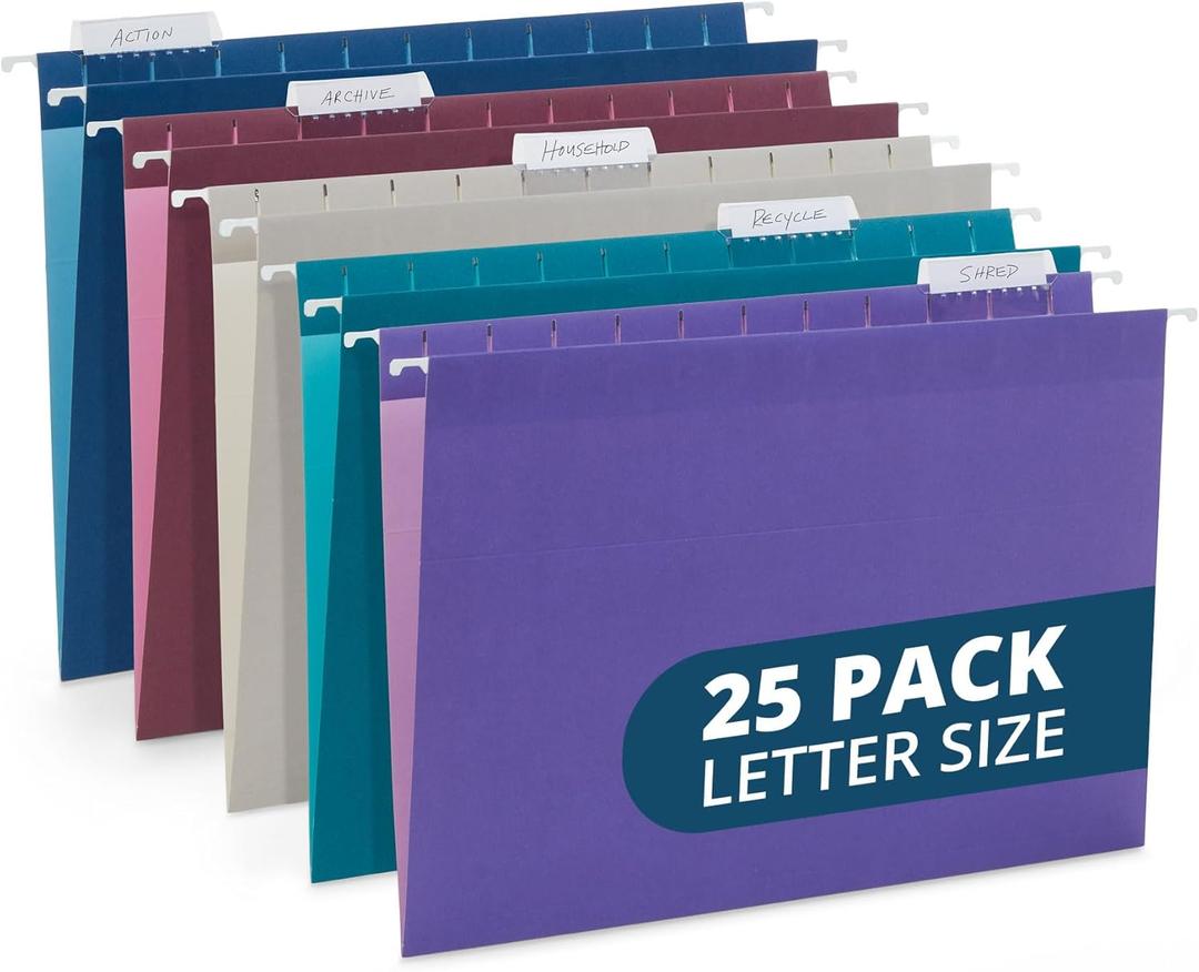 Blue Summit Supplies 25 Jewel Tone Hanging File Folders Letter Size with Tabs, Reinforced Hanging File Folders Jewel Tone, Includes Plastic Tabs and Inserts Blue Summit Supplies 25 Jewel Tone Hanging File Folders Letter Size with Tabs, Reinforced Hanging File Folders Jewel Tone, Includes Plastic Tabs and Inserts