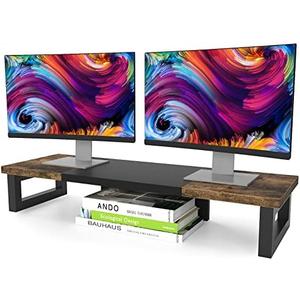 WESTREE Dual Monitor Stand Riser, Wood and Steel Monitor Stand Riser, Computer Monitor Stand for 2 Monitors, Multi-Purpose Desktop Storage Stand for Computer,Laptop,Printer,TV