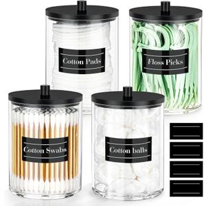 4 Pack 10 oz Acrylic Qtip Holder with Labels Dispenser- Bathroom Small Clear Plastic Canister Apothecary Jar Set Essentials Accessories Decor, Vanity Storage Organizer