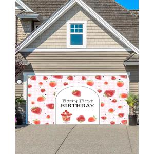 6X8ft Happy Strawberry 1st Birthday Garage Door Decorations Background Pink Gingham Berry First Birthday Party Decorations Backdrop Birthday Party Indoor Outdoor Decor Banner Cover