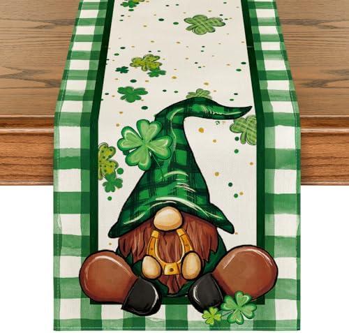 Pack of 2 Artoid Mode Shamrock Lucky Buffalo Plaid Gnomes St. Patrick's Day Table Runner, Kitchen Dining Table Decor for Outdoor Home Party Decor 13 x 72 Inch 