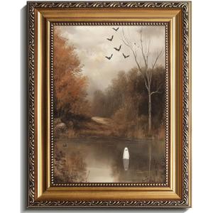 Vintage Gold Framed Halloween Wall Art Cute Ghost in Wildflower Lake Canvas Painting Moody Ghost Posters Pictures Spooky Fall Decor for Living Room Bedroom Bathroom, Gothic Home Aesthetic 9x12