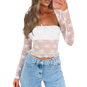 CSDAJIO Women's Going Out Tops Lace Long Sleeve Square Neck Crop Top Shirt Strapless Tube Top and Bolero Set (White, M)