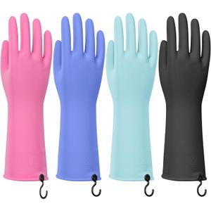 4 Pairs Rubber Dishwashing Gloves with Hanging Hooks - Reusable Cleaning Gloves for Kitchen & Household, Non-Slip, Durable and Flexible (Small, 4 Colors) (Blue+Pink+Purple+Black)