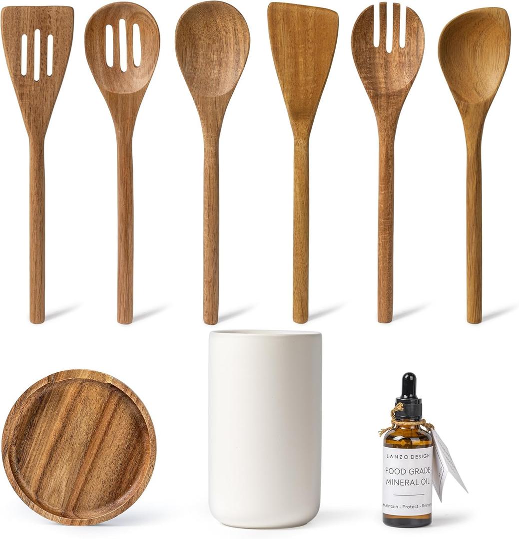 Kitchen Utensil Set, 8 pcs Wooden Cooking Utensils Spatula Set with Ceramic Holder (White Holder) Kitchen Utensil Set, 8 pcs Wooden Cooking Utensils Spatula Set with Ceramic Holder (White Holder)