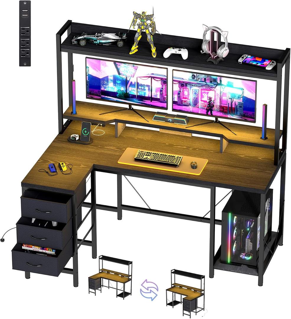 54" Computer Desk with Shelves and Drawers, Gaming Desks with Hutch | 3 Fabric Drawers, PC shelf, Small Study Desk with LED Lights and Power Outlets, Reversible Design, Black