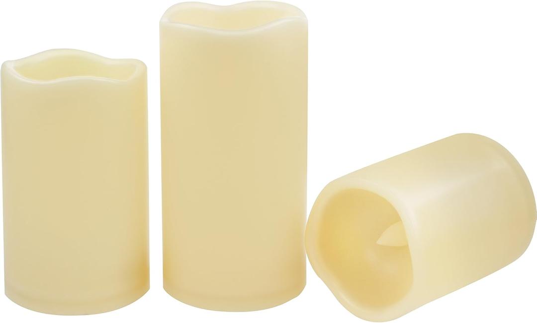 CANDLE CHOICE Waterproof Outdoor Battery Operated Flameless Candles with Timer Realistic Flickering Plastic Fake Electric LED Pillar Lights for Lantern Garden Wedding Christmas Decorations 3 Pack (3"x4",5",6", Ivory)
