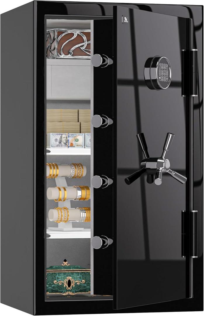 TIGERKING 8.78 Cu Ft Large Fireproof Safe for Home, Waterproof Floor Security Jewelry Safe with Digital Lock, Heavy Duty Steel Cabinet Safes with Drawer and Adjustable Shelves for Valuables (Black)