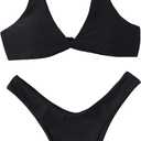 Verdusa Women's Twist Front High Cut Thong Two Piece Bikini Set Swimsuit Slate Black L