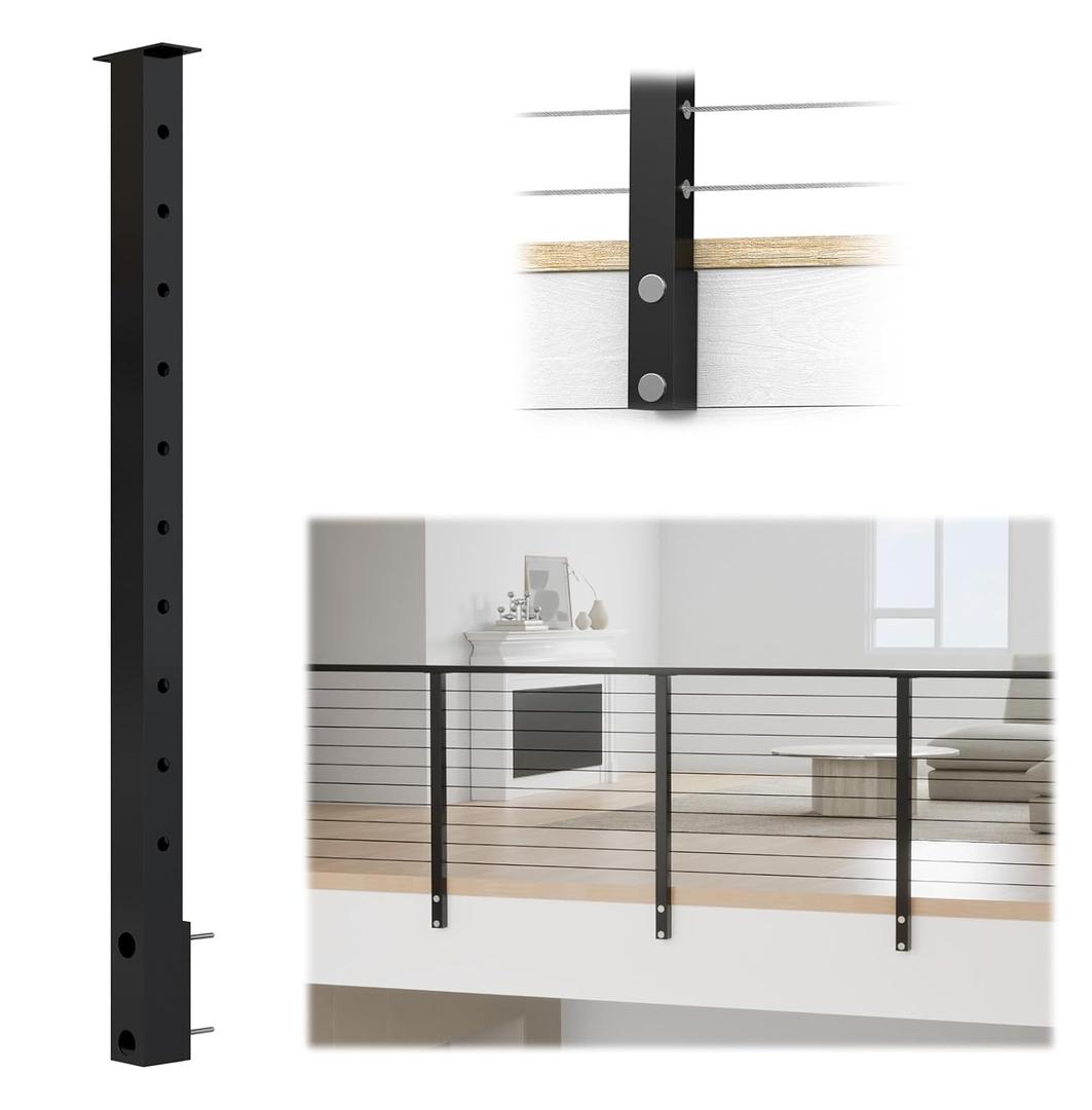 Muzata Black Side Mount Cable Railing Post 36 Inch 36"x2"x2" Level Drilled Space-Saving Stainless Steel Cable Railing System Kit Indoor Outdoor with User Guide PF02 BH4S, Level Post