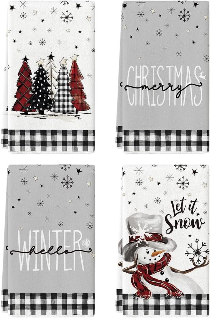 Artoid Mode Black White Buffalo Plaid Snowman Xmas Trees Christmas Kitchen Towels Dish Towels, 18x26 Inch Daily Winter Decoration Hand Towels Set of 4