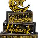 Moucuny 4 Pcs Ramadan Mubarak Table Decor Wooden Eid Mubarak Tabletop Signs for Home Black and Gold Muslim Islam Ramadan Mubarak Centerpiece for Islamic Gifts Kareem Home Table Decor