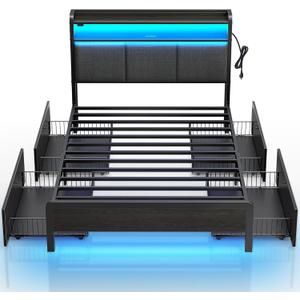 Rolanstar Bed Frame Twin Size with Charging Station and LED Lights, Upholstered Storage Headboard with Drawers, Heavy Duty Metal Slats, No Box Spring Needed, Noise Free, Easy Assembly, Dark Grey
