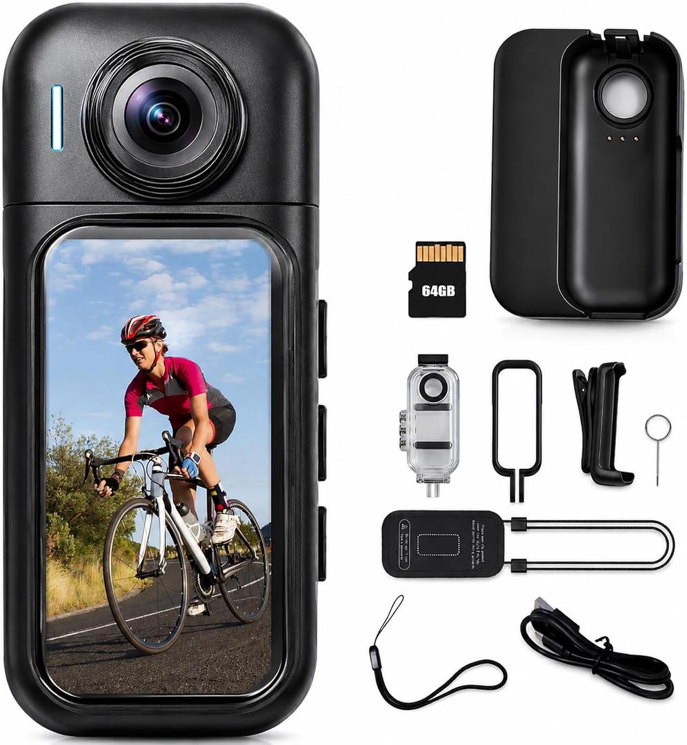 4K Thumb Action Camera, 64GB POV Helmet Cam | 180° Rotating Lens, Hands-Free Wearable Body Camera for Cycling, Motorcycle, Traveling, Tiny Size, Touchscreen