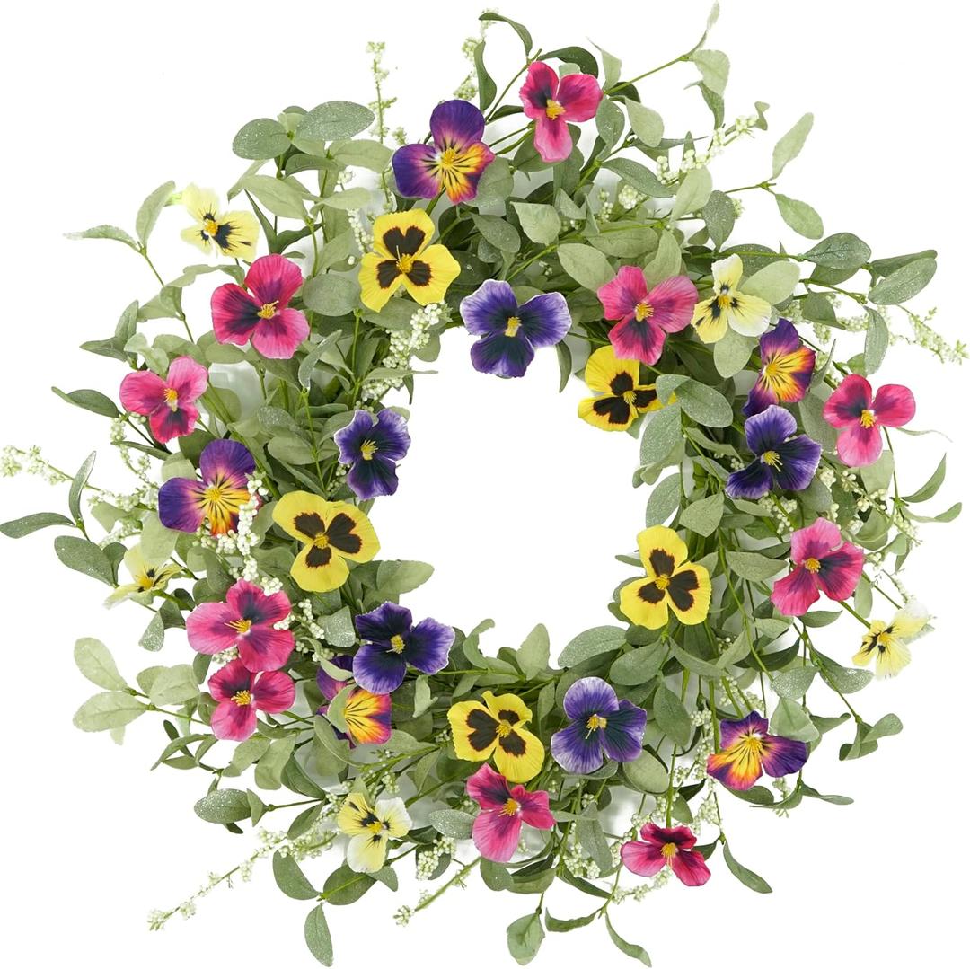 WreathDream Spring Wreaths for Front Door Pansy Wreath with Colorful Pansy for Front Door Indoor Outdoor Farmhouse Home Porch Wall Window Festival Wedding Decoration