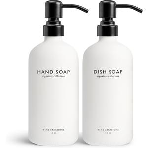 Vine Creations White Glass Soap Dispenser Set, Dish Soap and Hand Soap Dispenser Set with Stainless Steel Pump, 16 oz Glass Dispensers for Kitchen or Bathroom Decor (Matte White Bottle/Matte Black)