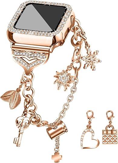 JOYOZY Band Compatible with Apple Watch 38mm 40mm 41mm 42mm 44mm 45mm 46mm, Bling Strap with Glitter Case Builtin Screen Protector, Interchangeable Charms Dressy Bracelet for Women (Rose Gold 46mm)