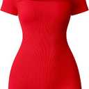 OQQ Women Short Sleeve Rompers Yoga Stretch Square Neck Exercise Rompers Red Small