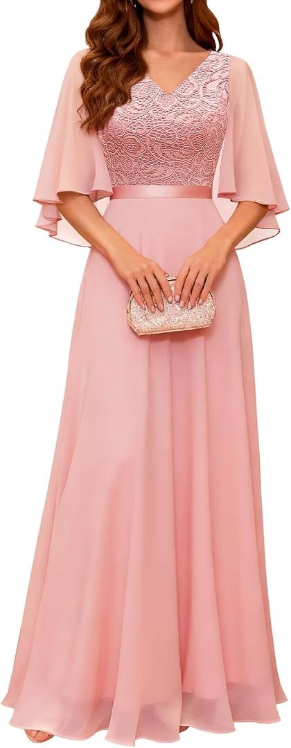 DRESSTELLS Formal Wedding Guest Dresses, 2026 Spring Bridesmaid Party Cocktail Evening Long Prom Lace Dress (Pink, 2XL)