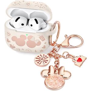 (with Cute Keychain) Girovo Compatible with Apple Airpods 4 Case 2024 Women, Soft Silicone Two-Tone Funny Cartoon Engraved Portable 360 Full Protection Anti-Scratch Airpod 4 Case Starlight/Pink