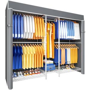 Ulif E12C Pro Heavy Duty Closet Organizer SystemFreestanding Clothing Racks for Hanging ClothesAdjustable Garment Rack 71"W x 16"D x 76.5"H Hold 960lbsWhite Clothing Rack with Grey Dustproof Cover