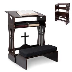 WoodGod Foldable Prayer Kneeler, Wooden Prayer Bench with Storage Shelf, Cushion Pad, Portable Kneeling Devotional Pew Bench, 31" H x 22" W, Ideal for Church and Chapel, Black