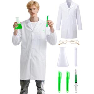 7 Pieces Mad Scientist Costume, Scientist Doctor Costume Includes White Lab Coat, Glasses, Plastic Flask for Halloween Party Accessories