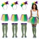 Shyyween 3 Set Mardi Gras Tutu Set Women Mardi Gras Costume Outfit Tulle Tutu Skirt Leg High Socks Faux Feather Headband for Carnival Masquerade Party Cosplay