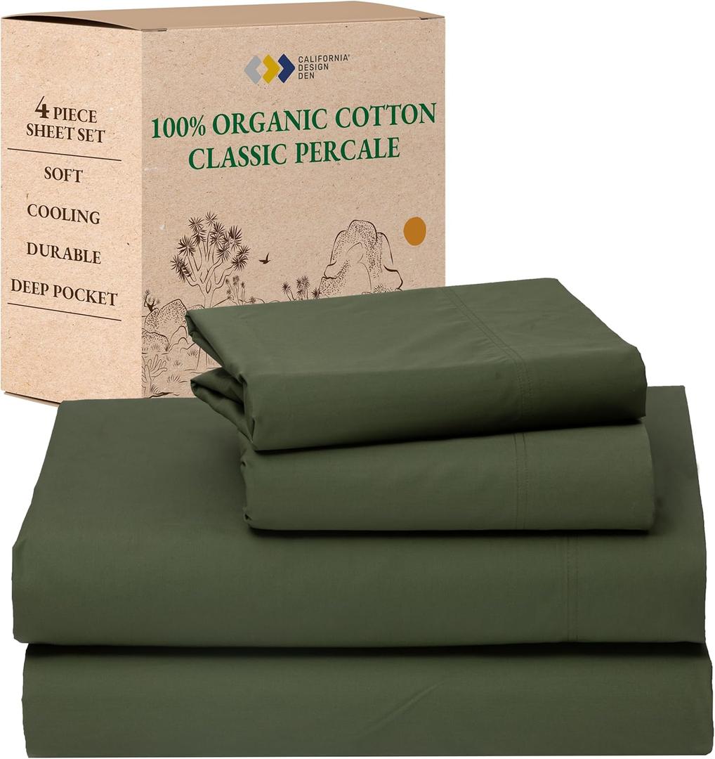 California Design Den Queen Sheets Set - Soft 100% Organic Sheets with Deep Pockets, Crisp Percale, Breathable and Durable Bedding Set - Olive Green