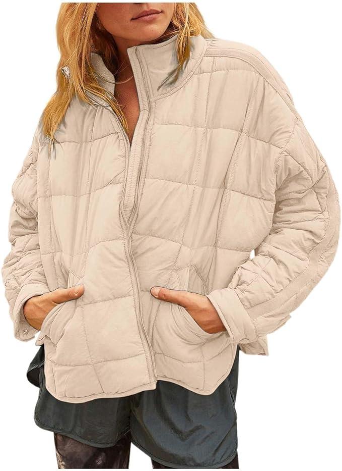 Womens Quilted Pullover Puffer Jacket Lightweight Oversized Hooded Winter Puffer Coat Light Warm Outerwear Pockets, Small, Beige