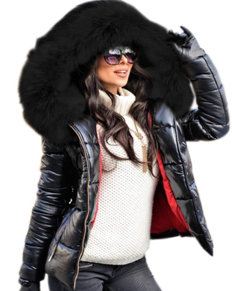 Aofur Womens Ladies Quilted Winter Coat Fur Collar Hooded Down Jacket Parka Outerwear (Large, Black_Black Fur) (Black, L)