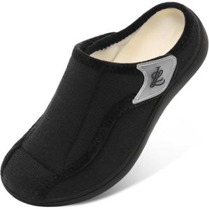 LeIsfIt Mens Slippers Wide Diabetic House Slippers Adjustable Slip On Warm Bedroom House Shoes for Edema Swollen Feet Indoor Outdoor Slipper (Black), Size 13