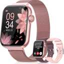 Smart Watches for Women, Health Fitness Watch for Android iPhone, Sleep/Heart Rate/SpO2/Blood Pressure Monitor, 1.85'' Smartwatch for Calls/SMS/Notifications, 100+ Sports Modes, 300+ Dials, 3 Bands (Pink)