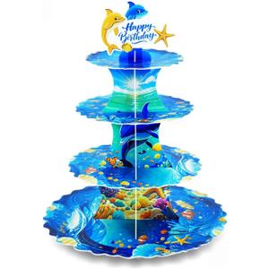 AMZWKT 4-Tier Extra Large Happy Birthday Under The Sea Ocean Cardboard Cupcake Stand Ocean Themed Birthday Party Decorations for Boys Girls First Baby Shower Baby Shark Decoration