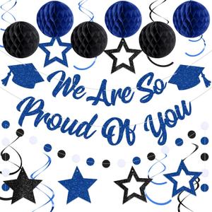 Oudain Black Blue Graduation Decorations Class of 2025 We Are So Proud Of You Banner with Honeycomb Balls Glitter Stars Hanging Swirls Circle Garland for High School College Grad Party Supplies
