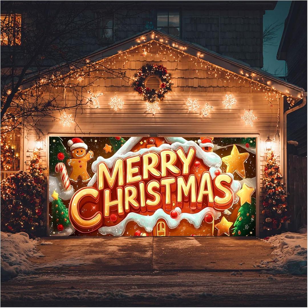 Merry Christmas Garage Door Banner 13x6ft Gingerbread House Candy Theme Backdrop Christmas Decor Winter Door Cover Banners for Outside Garage Wall Covering for Party Garage Decorations