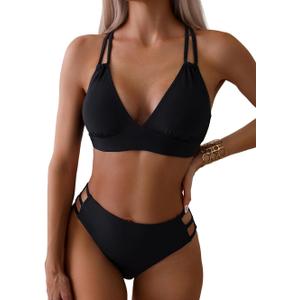 Tainehs Women's Push Up V Neck Bikini Sets Criss Cross Back Two Piece Bathing Suit (Large, Black)
