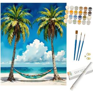 Tropical Hammock Paint by Numbers Kit for Adults - DIY Palm Trees and Beach Painting on Rolled Canvas 16x20In, Acrylic Paint Set, Suitable for Beginners, Art for Home Decoration or Gifts