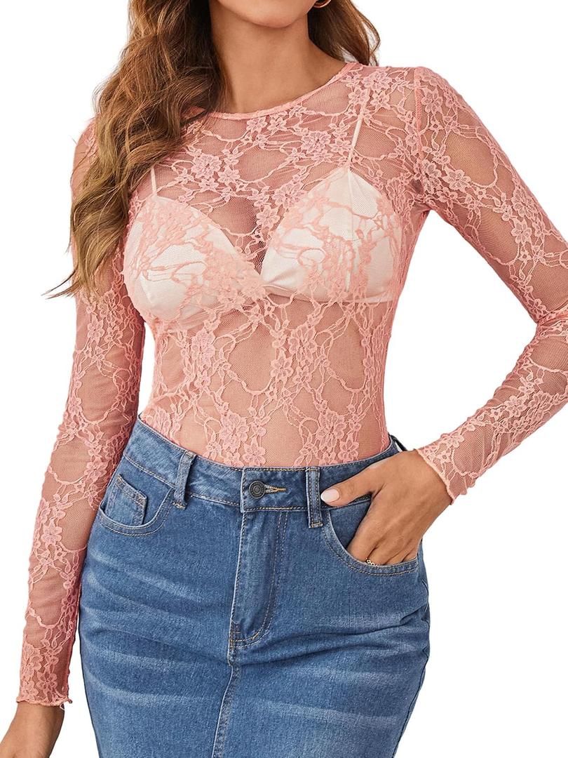 OFEEFAN Womens Mesh Tops Lace Long Sleeve Shirts Crewneck Slim Fitted Outfits See Through Blouses (XX-Large, Coral)